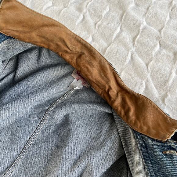 š„VTG Australian Outback Denim Jacket Barn Chores Cargo Pockets Leather Trim XL - Picture 12 of 16